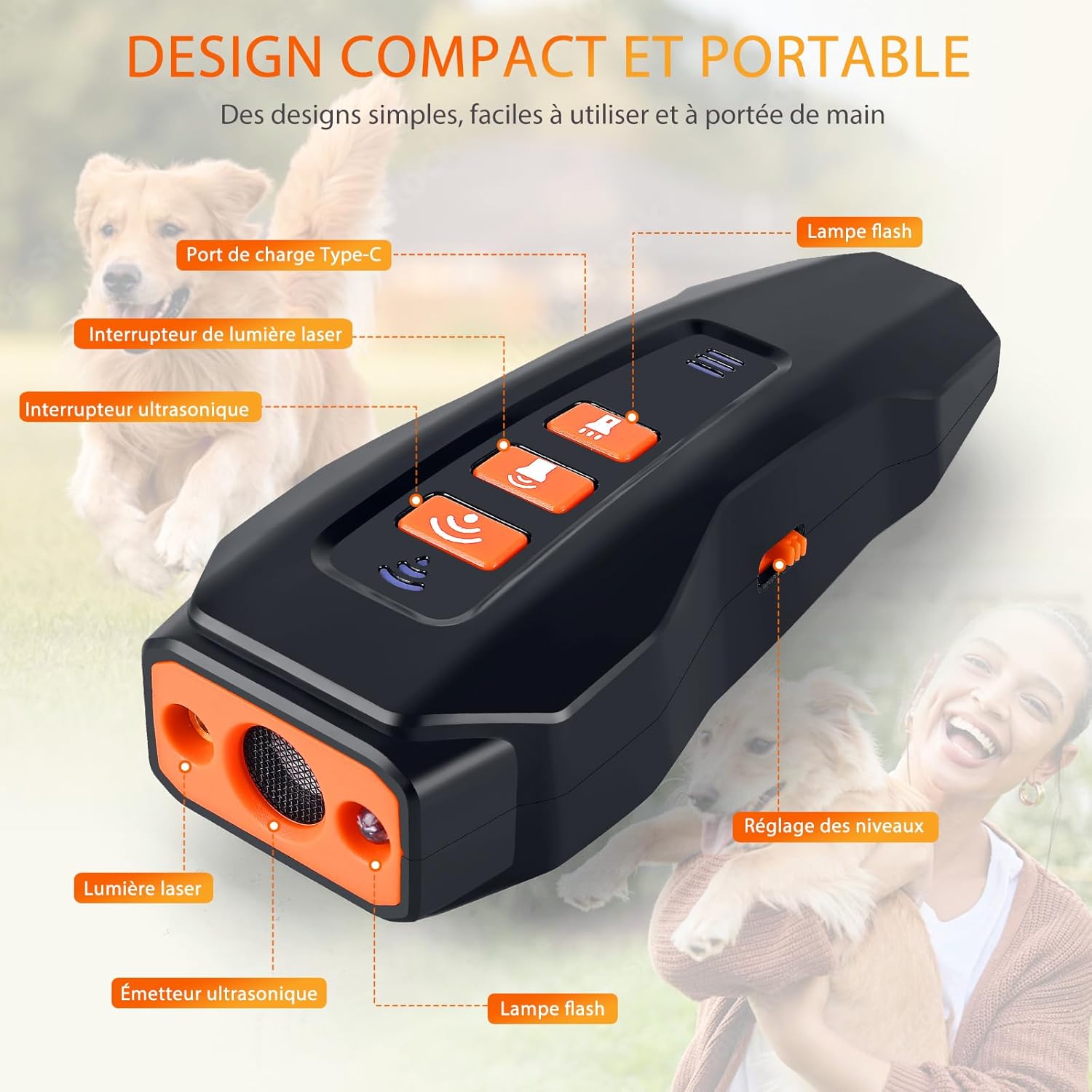 Repelente ultrasónico para perros: potente dispositivo antiladridos ultrasónico con 3 frecuencias ajustables, alcance de 10 m y linterna. - 4