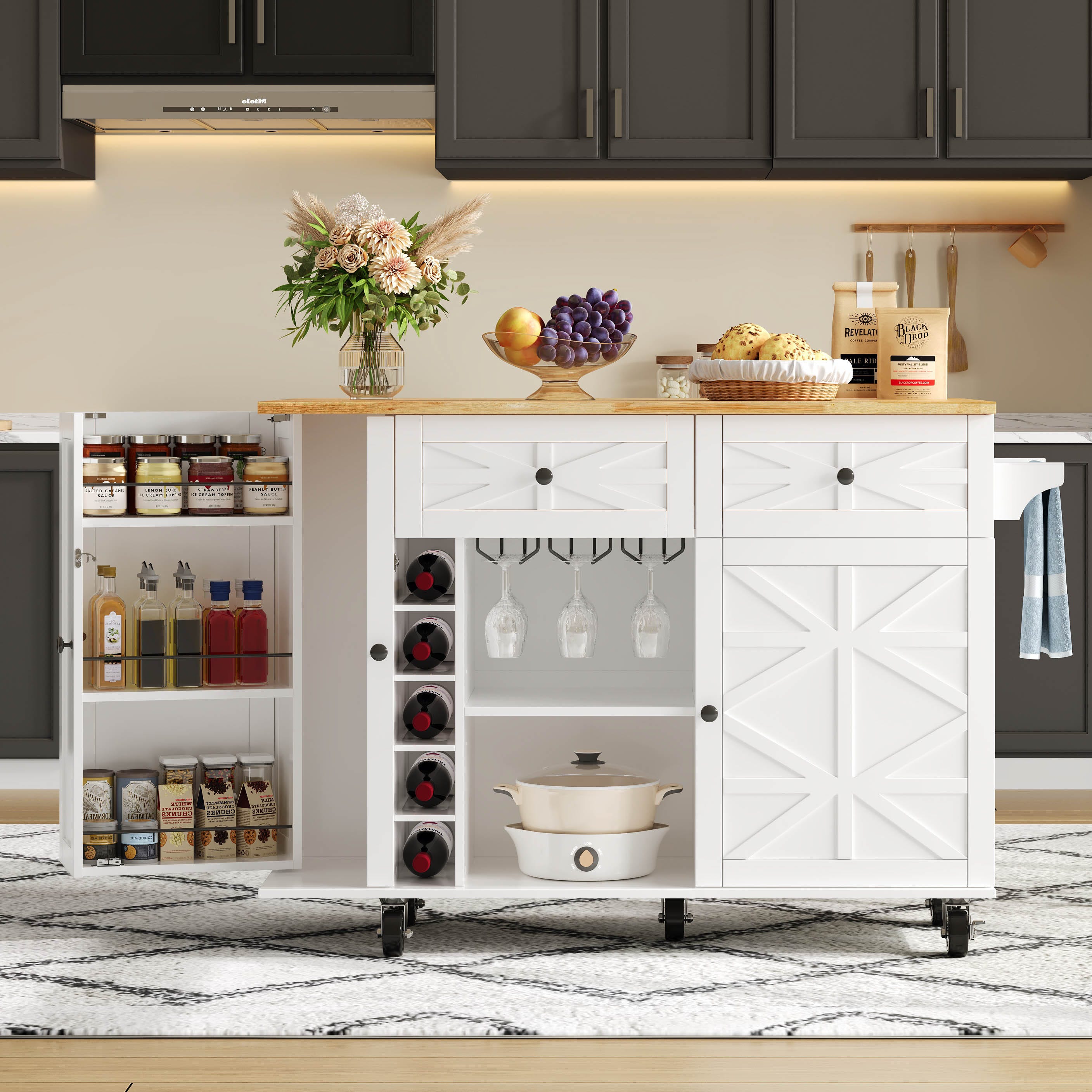 Îlot De Cuisine Blanc Sur Roulettes 85×70×40 Cm – Plan De Travail, Tiroir & Étagères à Vin – Suusolny