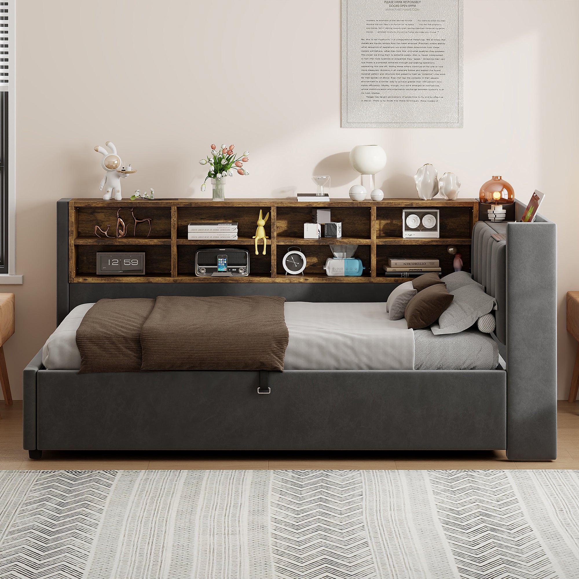 Łóżko 90 x 200 cm z pojemnikiem na pościel, zagłówkiem, schowkami, rozkładaną sofą - gniazda USB i typu C - aksamitne - ciemnoszare (bez materaca) - 3