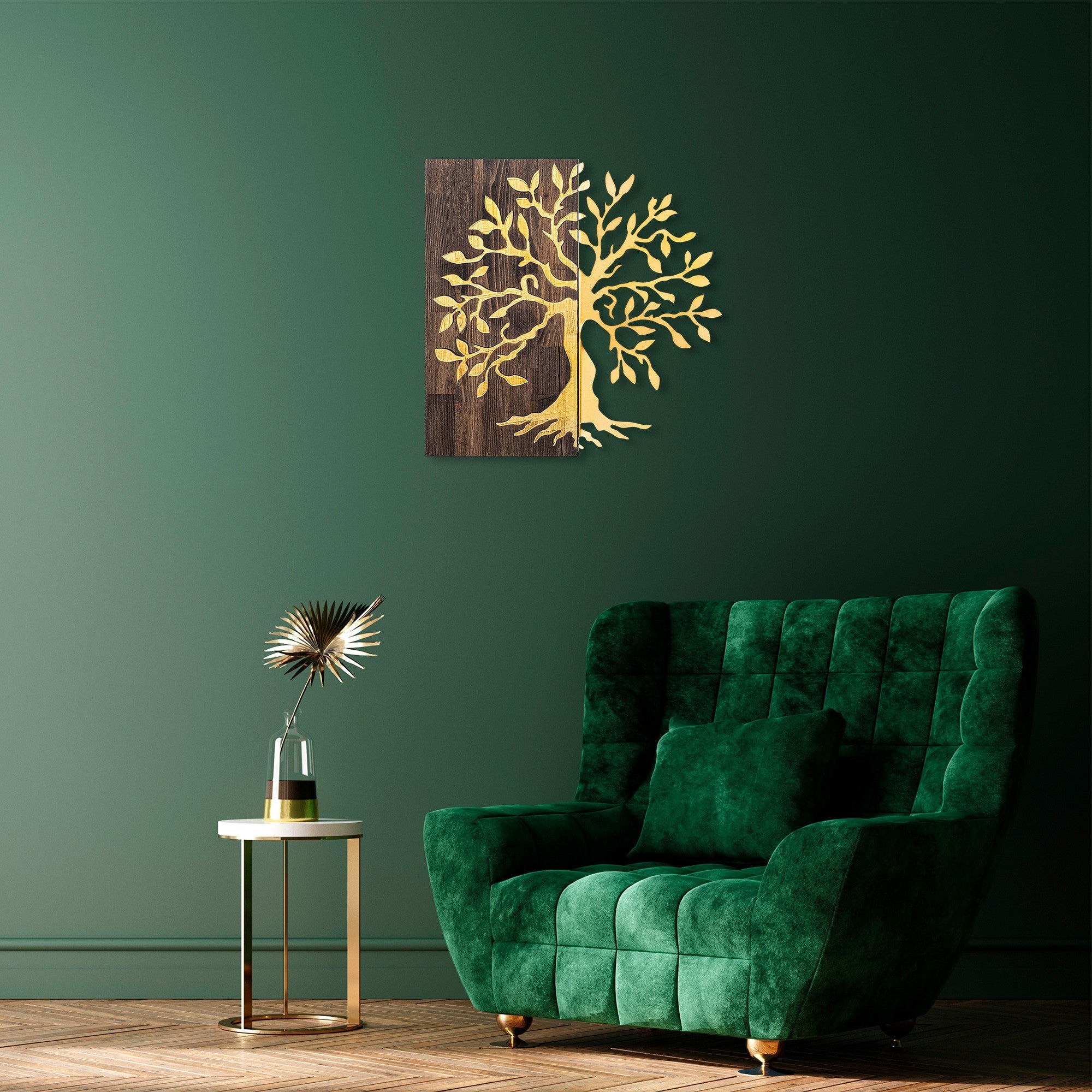 Decoratiune perete TREE, nuc/auriu, lemn/metal, 58x58 cm