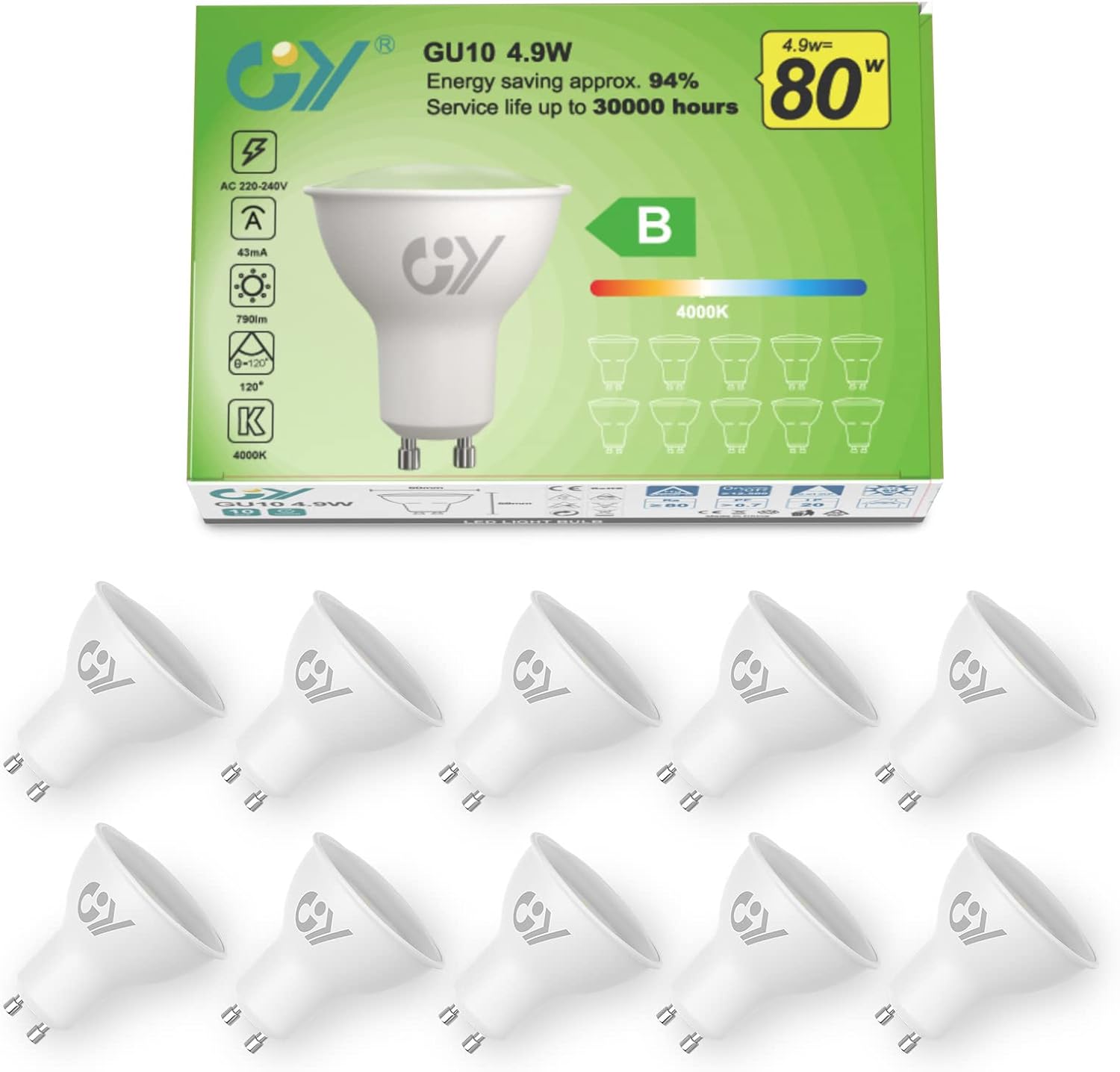 Becuri LED LATIO GU10 4.9W echivalent cu 80W, 790LM 4000K alb unghi fascicul 120°, bec LED GU10 eficient energetic, nedimabil, pachet de 10 neutru 10buc