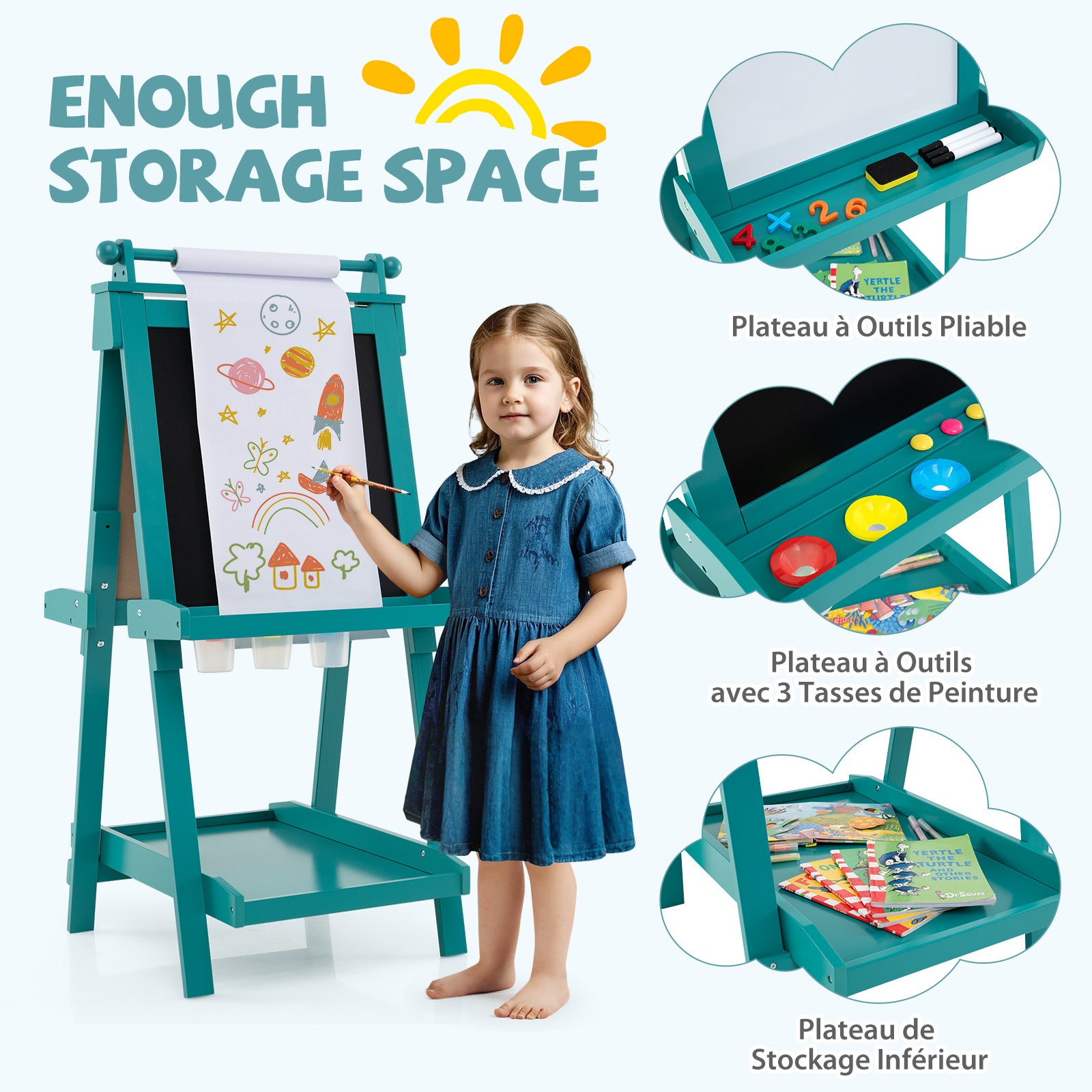 Chevalet Pliable pour Enfants, Double Face avec Tableau Noir et Tableau Blanc Magnétique, Rouleau de Papier Remplaçable, 3 Gobelets, Vert - 2