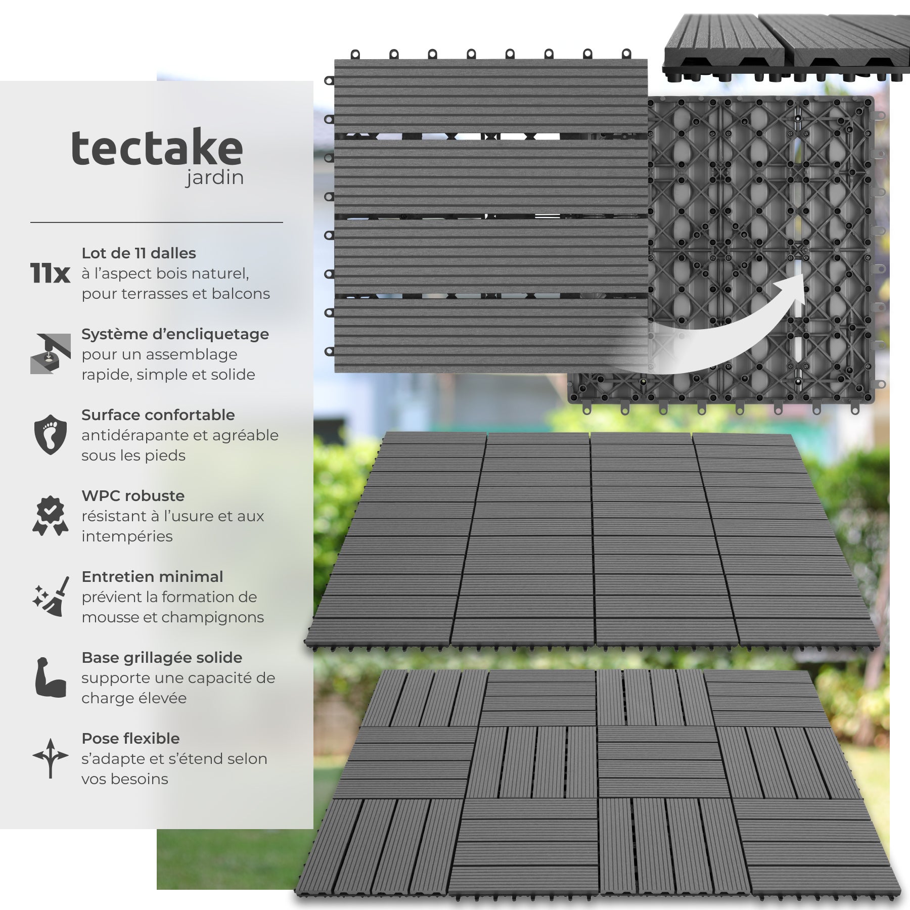 Lot de dalles de terrasse TEGULAS en WPC aspect bois Lot de 11 dalles avec système de clic TECTAKE - 2
