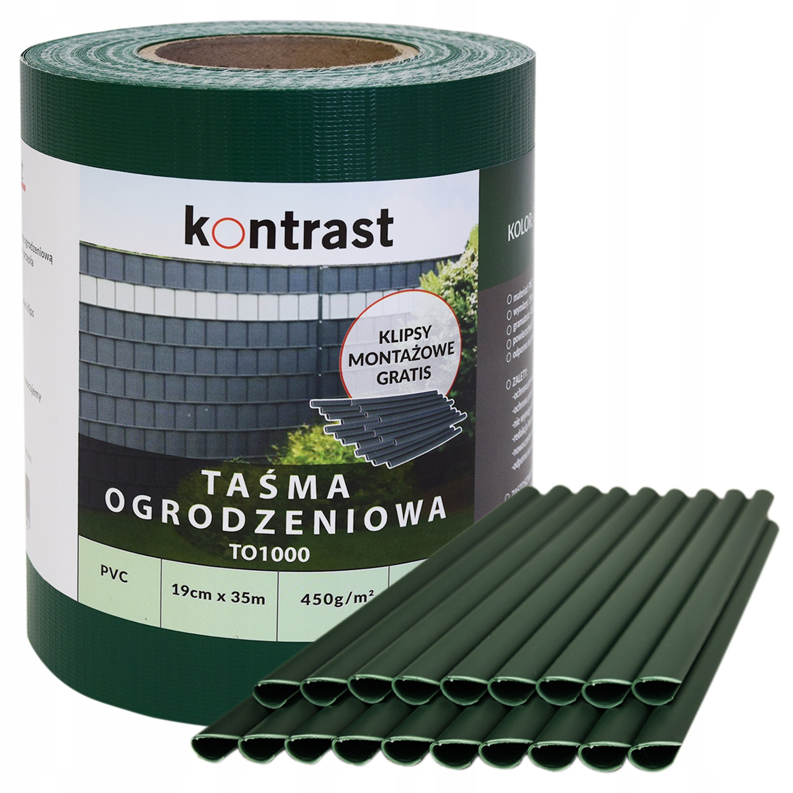Taśma ogrodzeniowa UV 450 g 19 cm x 35 m klipsy zielona TO1003