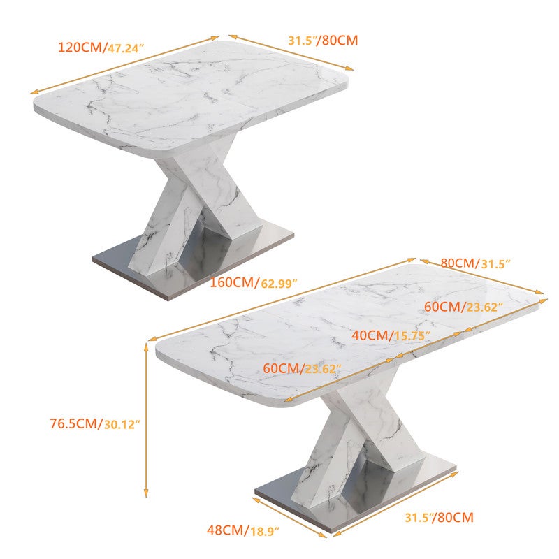 Table a Manger Extensible rectangulaire 120-160cm,Table de Bar Extensible avec plateau en marbre blanc imprimé et pieds en X - 6