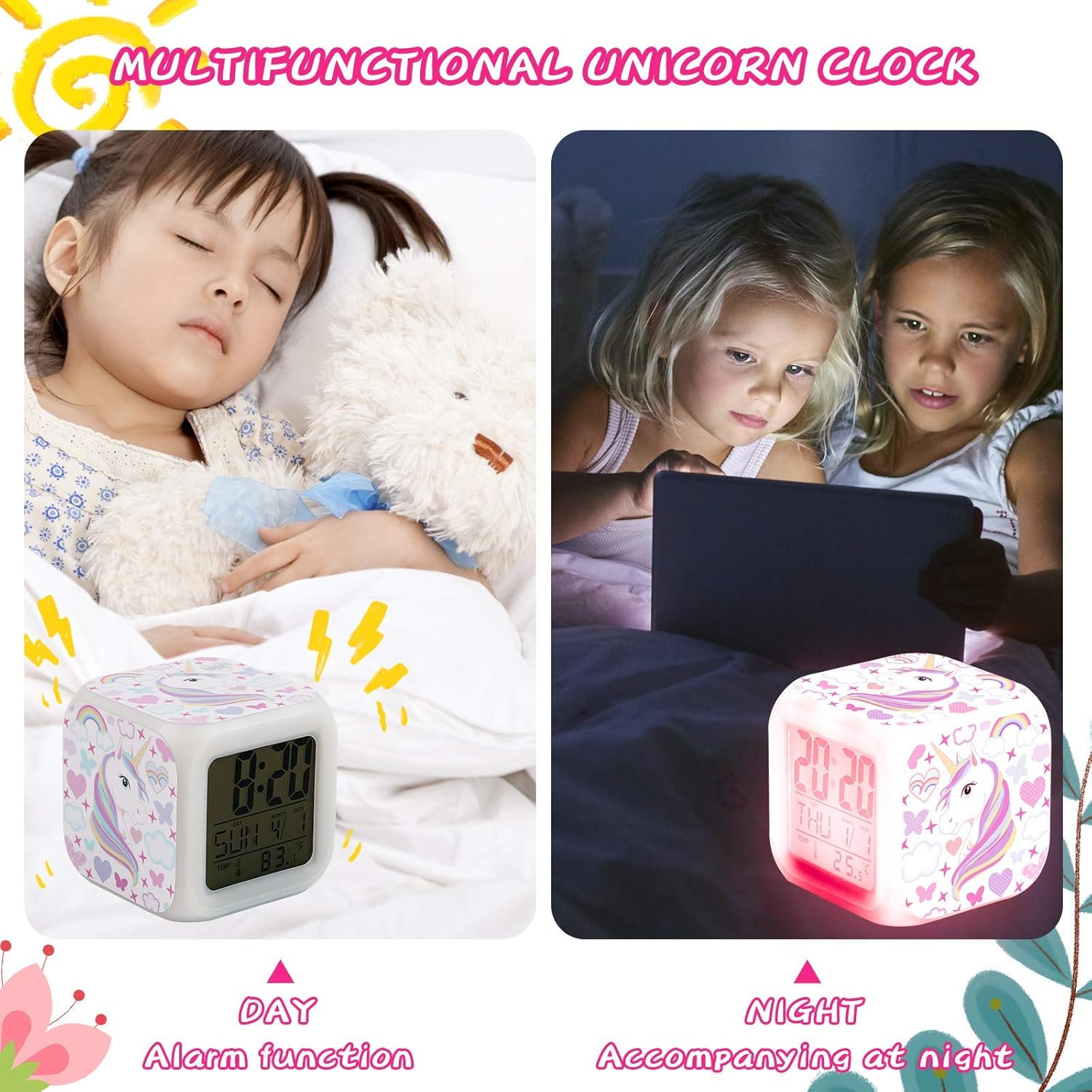 Réveil pour s, veilleuse licorne pour enfants avec un design licorne à 4 faces et 9 types de lumières LED, réveil de chevet, cadeau de décorati - 3