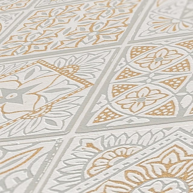 Papier peint à ornement gris clair et jaune Tapisserie aspect carreaux en mosaïque Papier peint style boho idéal couloir