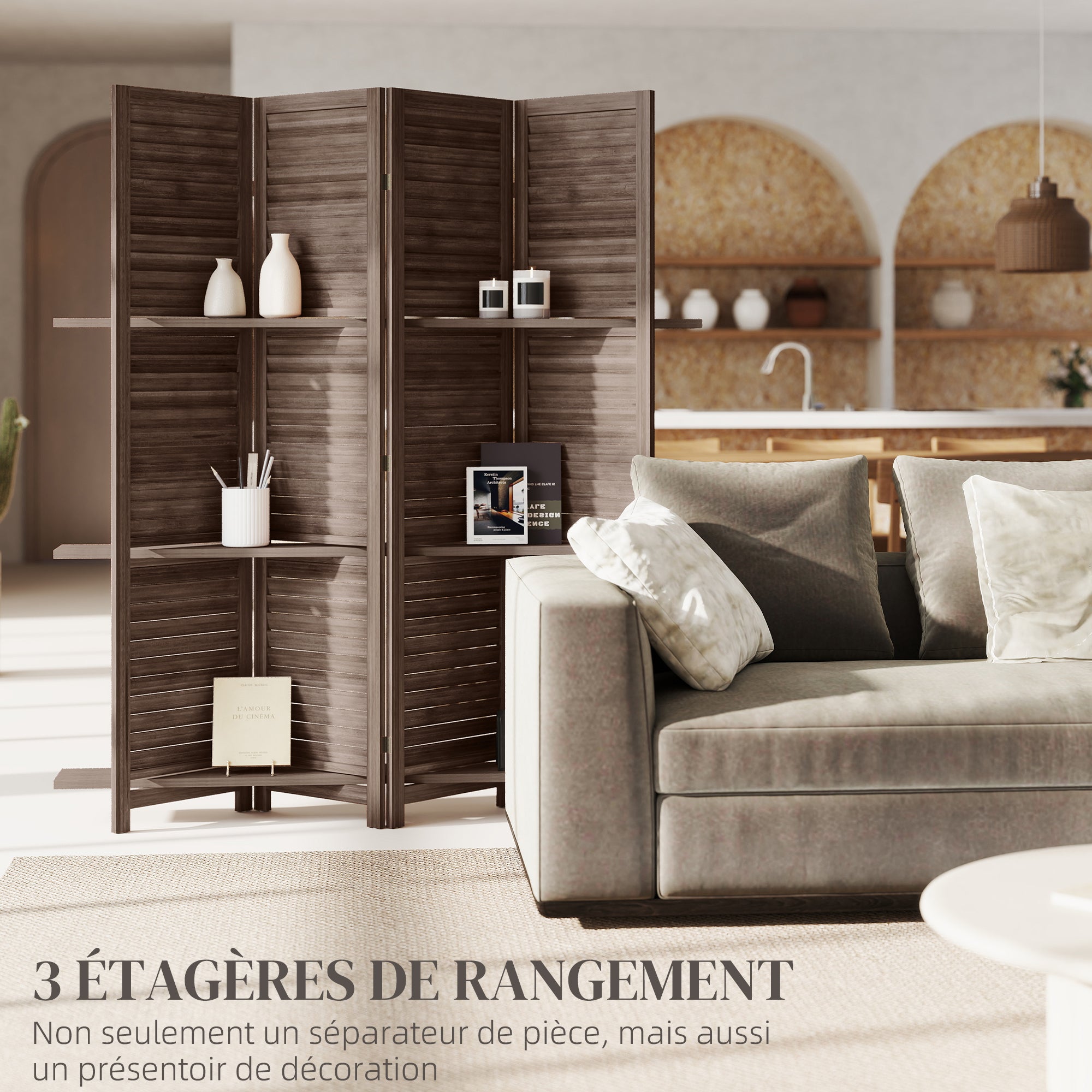 Paravent intérieur en bois 4 panneaux 160x170cm,séparateur de pièce pliable avec 3 étagères,noyer - 6