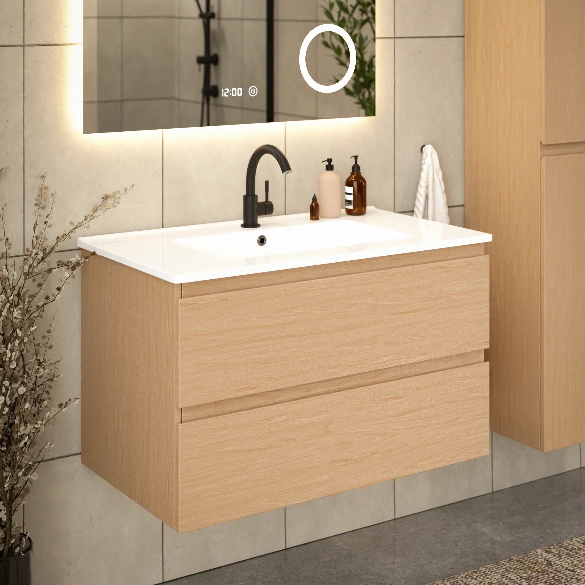 Mirlux Meuble vasque Mirlux Luma - 80 cm - Chêne clair - Vasque blanche - 2