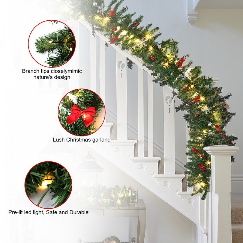 Couronne de Noël Guirlande de Noël 5m 100 LEDs- lumineuse Décoration en sapin artificiel - avec lumières blanc - chaud pour porte/fenêtre/balustrade - 3