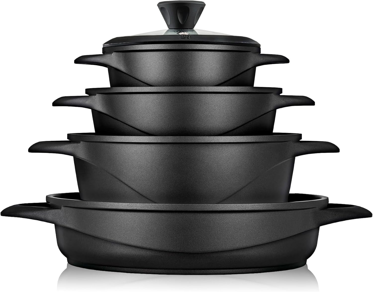Batería de cocina inducción 8 piezas aluminio fundido 4 ollas con tapa de cristal antiadherente, briebe, negro, mgk-17s