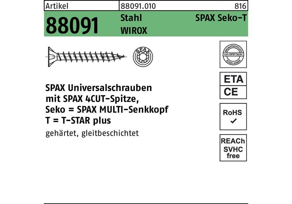 SPAX - Vite universale con testa svasata T-STAR plus, 4CUT, Filettatura piena, Bianco zincato, 4.0 x 45 mm, 500 pezzi