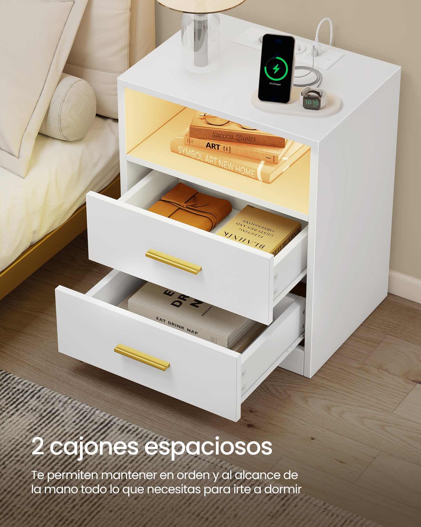 CUSTOS Colección - Mesita de Noche con Estación de Carga, Luz LED, Mesa Auxiliar con Cajones, Estante Abierto, 2 Tomas CA y Puertos USB, Blanco Nube - 2