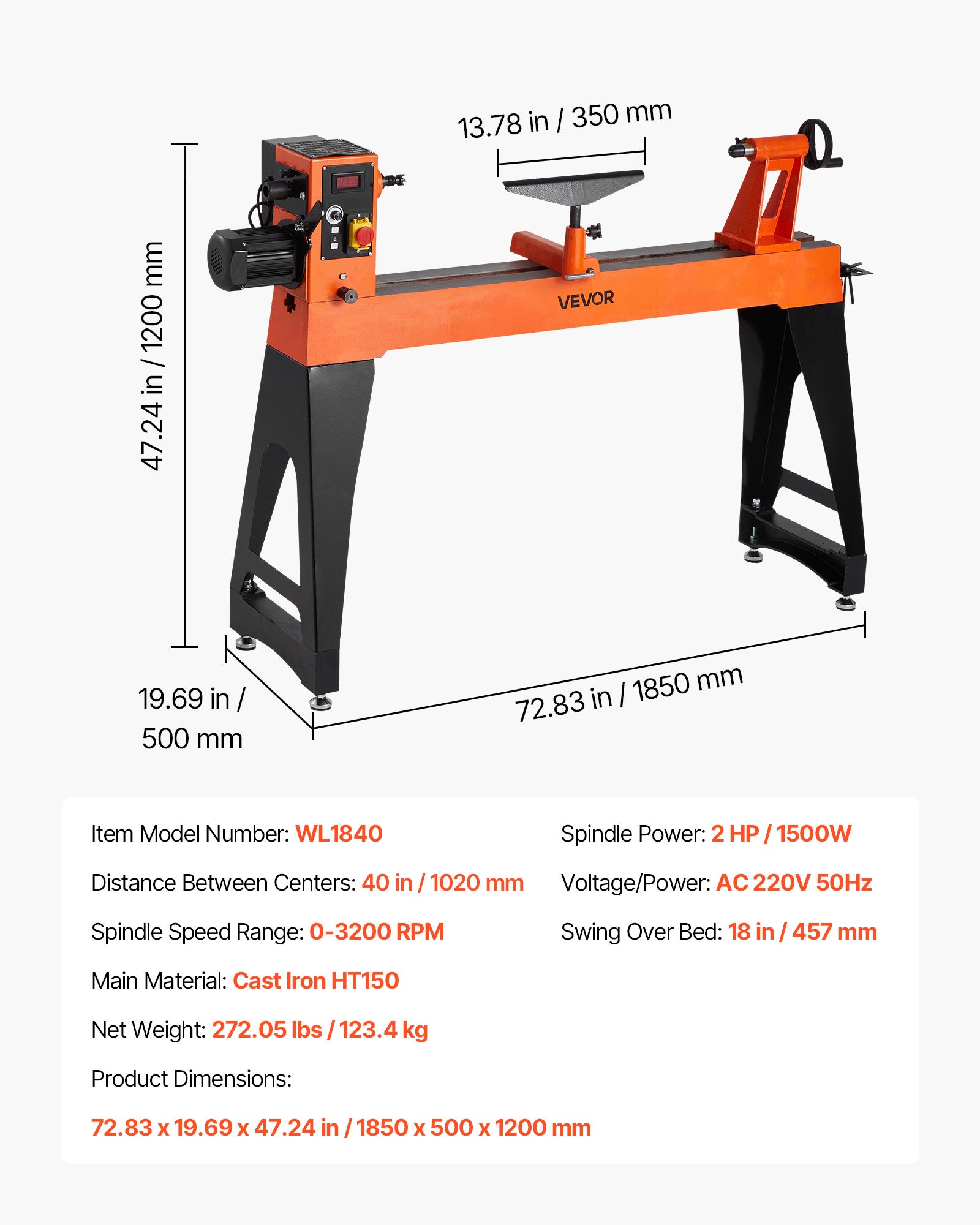Torno de Madeira Elétrico VEVOR 1500 W, 45,7x102 cm, Motor DC sem Escovas, 0–3200 rpm, Corpo em Ferro Fundido, com Pés, Projetos Médios/Grandes - 7