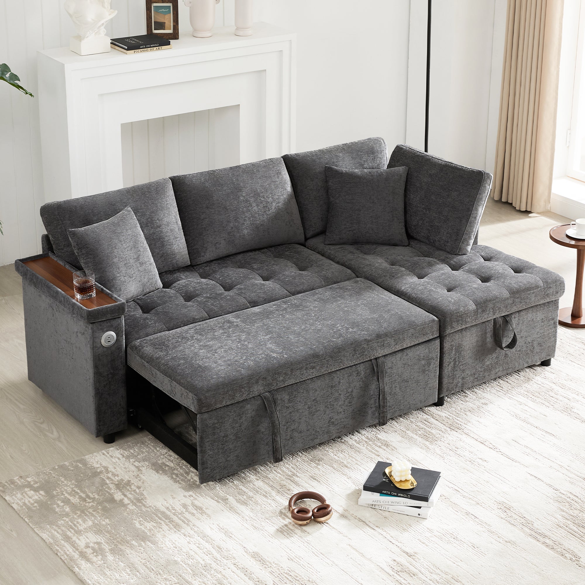 Sofa w kształcie litery L z wysuwanym łóżkiem - ze schowkiem - ładowanie USB - 2 poduszki - szara - 2
