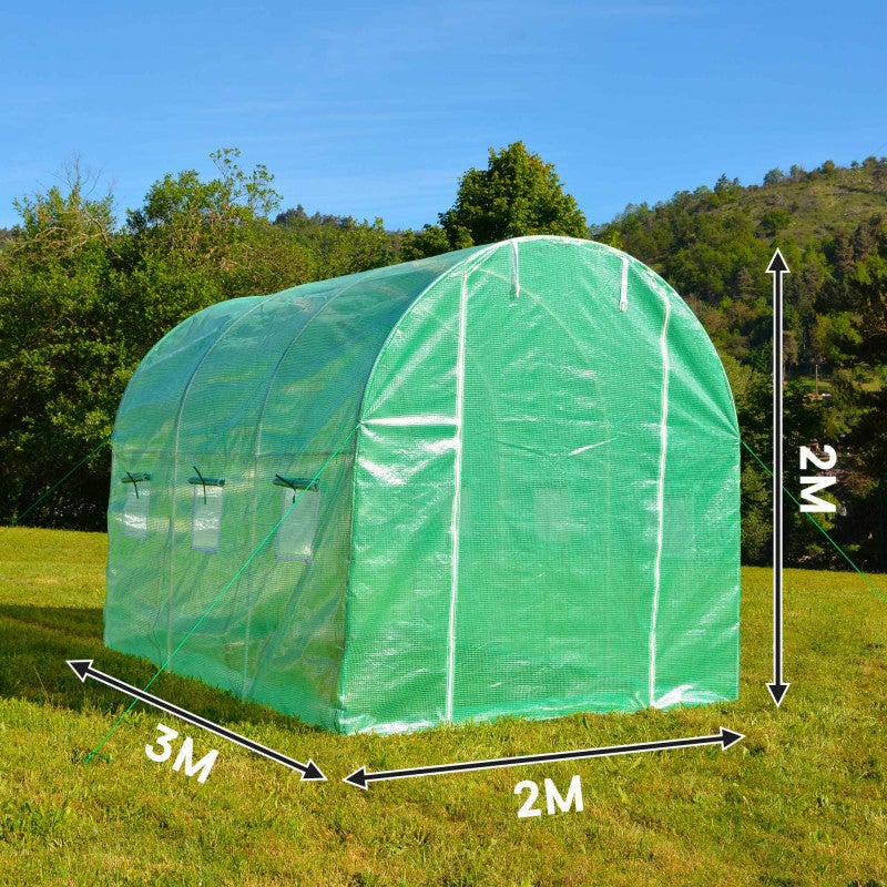 Serre de jardin tunnel 6m²- bâche renforcé 3 x 2 x 2m - structure acier - Porte zippée - 6 fenêtres - Pour Toutes Saisons - 3