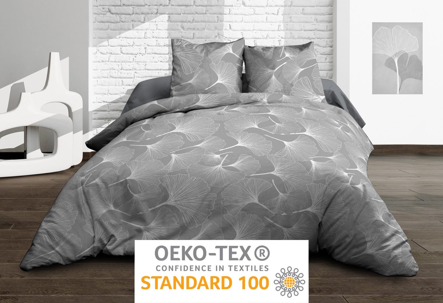 Parure Drap plat + drap-housse 140x190 + 2 T - Pur coton 57 fils - Biloba gris - 5