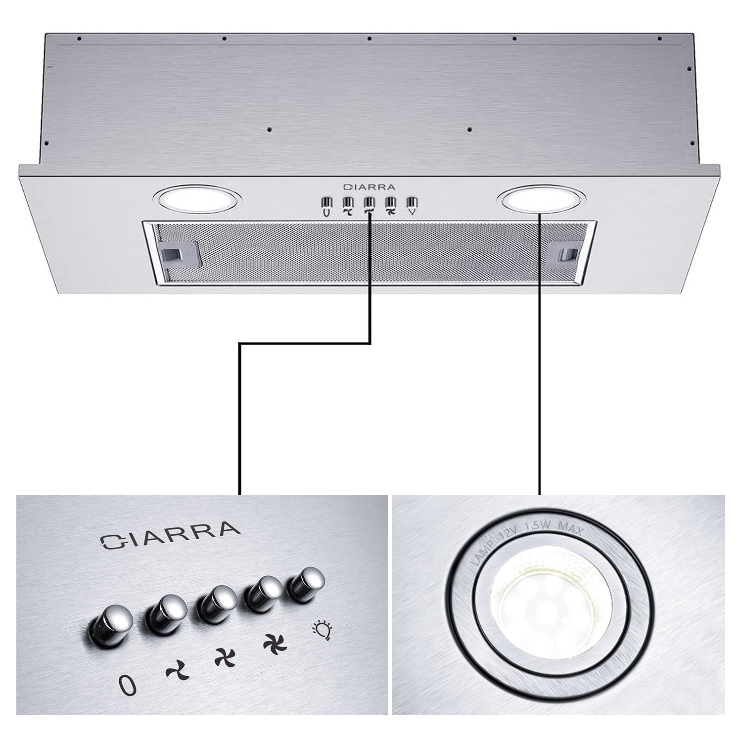 CIARRA Hotte Groupe Filtrant 52cm 300 m3/h Evacuation Encastrable Inox - 913ASS52 - 2