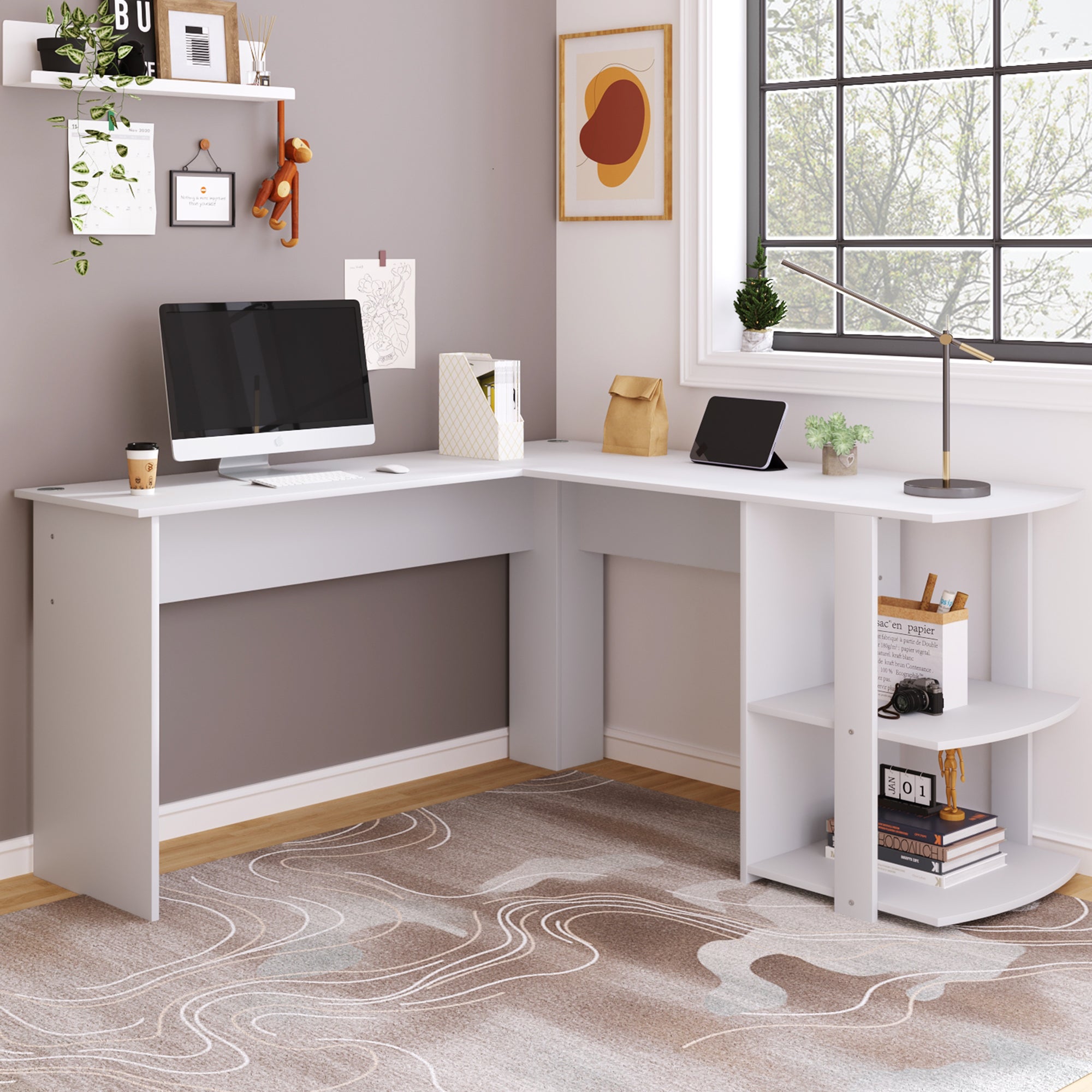 TRIUMPHKEY Scrivania ad Angolo Reversibile 140cm,Scrivania da Ufficio,Scrivania Salvaspazio,Scrivania per Computer,Tavolo da Lavoro,Struttura in Acciaio( Beige