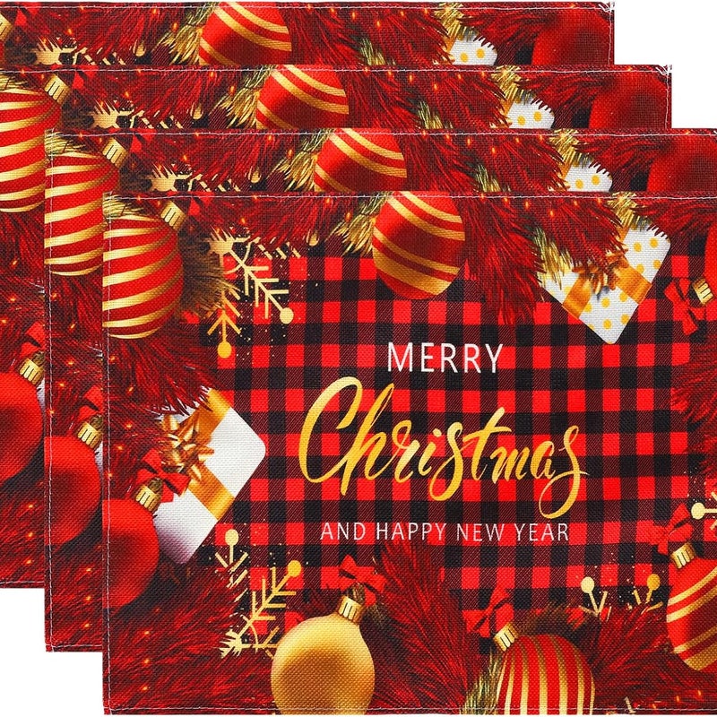 Zestaw 4 żaroodpornych, zmywalnych, antypoślizgowych podkładek świątecznych z tkanego lnu na stół w jadalni/kuchni, 42 x 32 cm