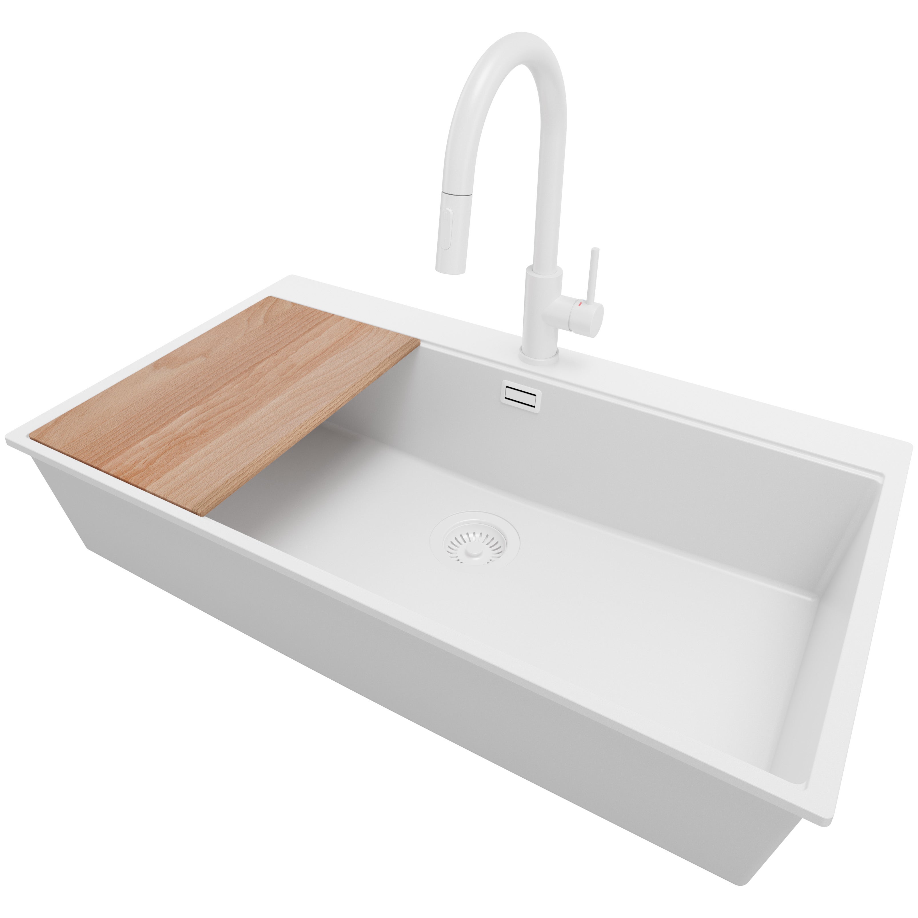 Zlewozmywak Granitowy Cały Biały 88x50cm, Zlew Kuchenny 1 Komorowy + Bateria 40x20cm + Syfon + Deska, Nablatowy do szafki od 90cm - Oslo PRIMAGRAN