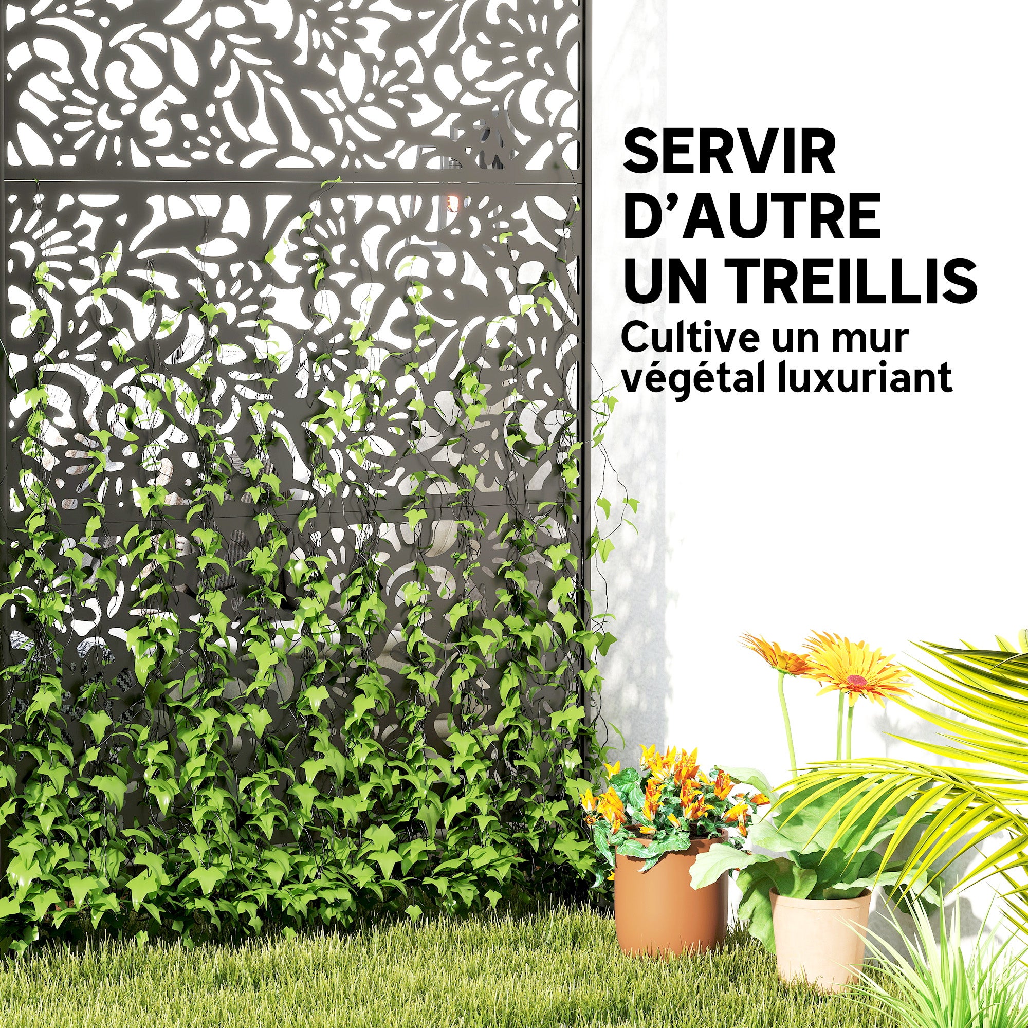 Panneau Brise Vue décoratif Extérieur Claustra Décoratif Jardin 3 Panneaux à motif floral Acier 122 x 45 x 198 cm Noir - COMFORTXL - 7