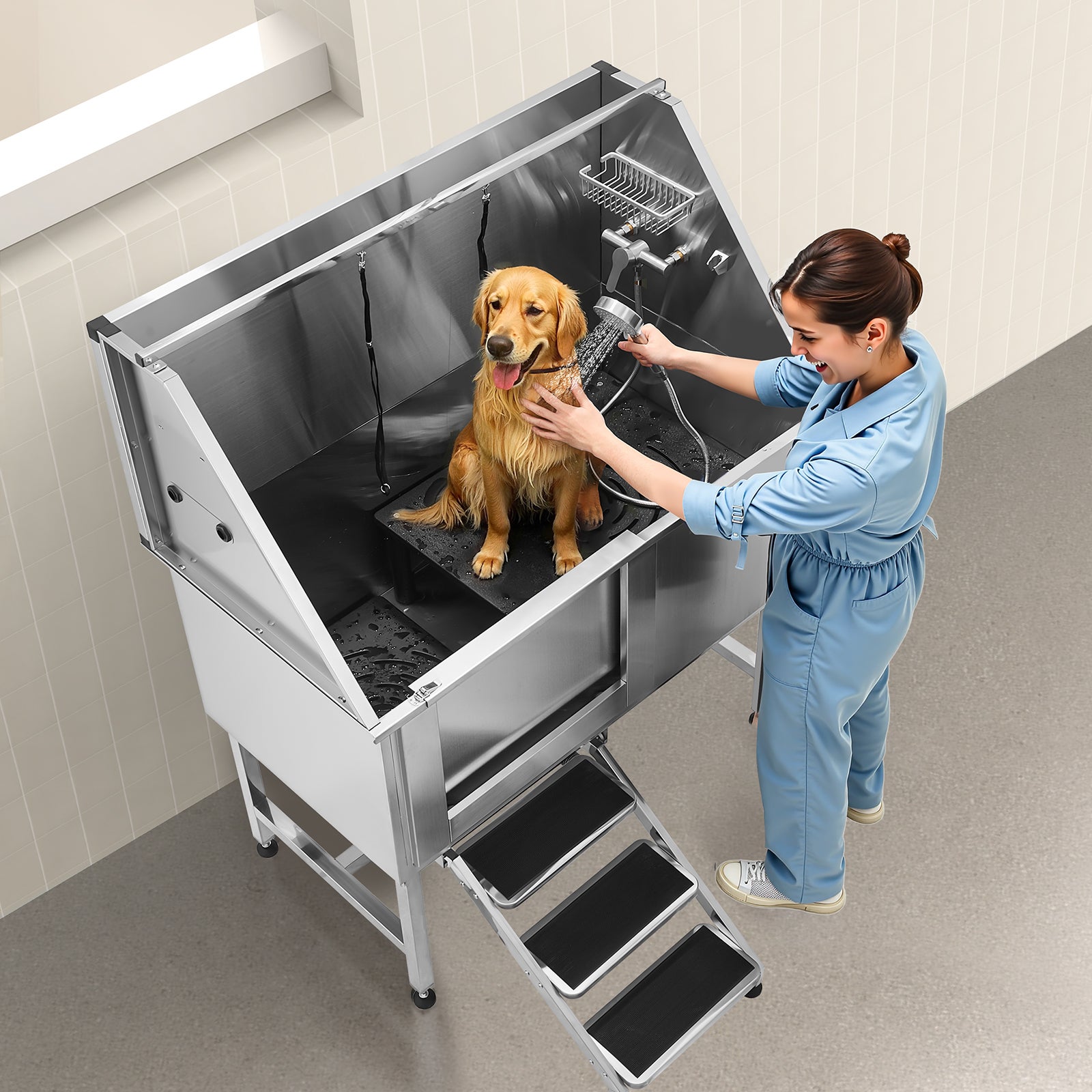 Banho para cães de aço inoxidável VEVOR, para animais de estimação Estação de lavagem para gatos de 127 cm, com escadas, painel de filtro de água - 8