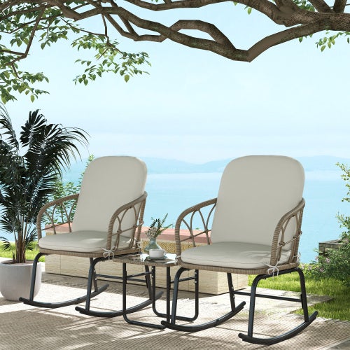 Conjunto de 3 piezas de sillas mecedoras de ratán Outsunny con cojines ...