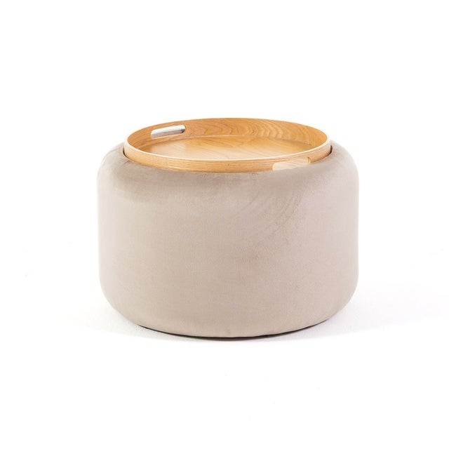 Pouf contenitore in velluto con coperchio multifunzione trasformabile in tavolino beige