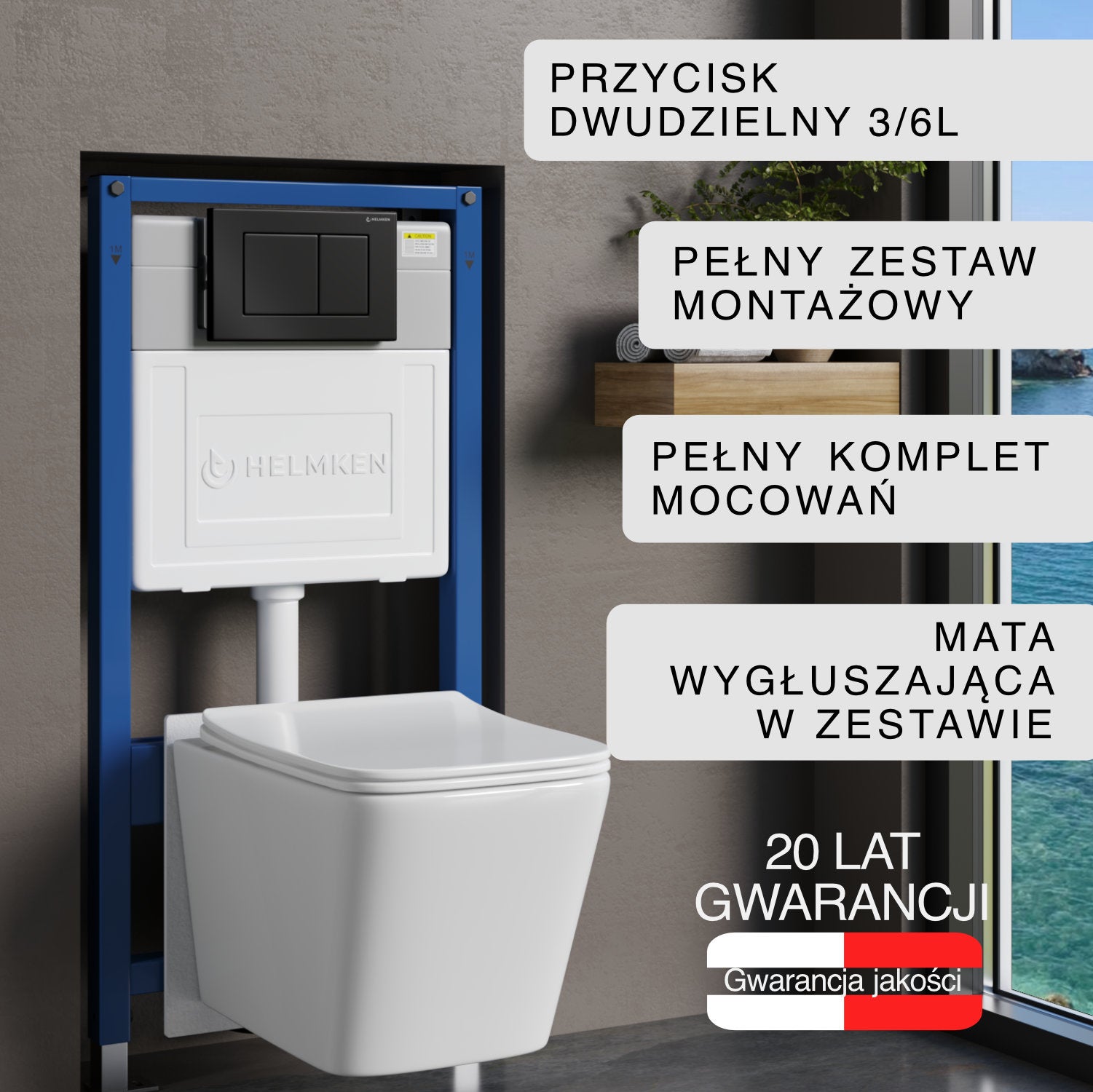 Stelaż podtynkowy WC Helmken 35120001 Zestaw 5w1: Przycisk Czarny Mat (J), Miska bezkołnierzowa Rimless, Deska wolnoopadająca, Mata