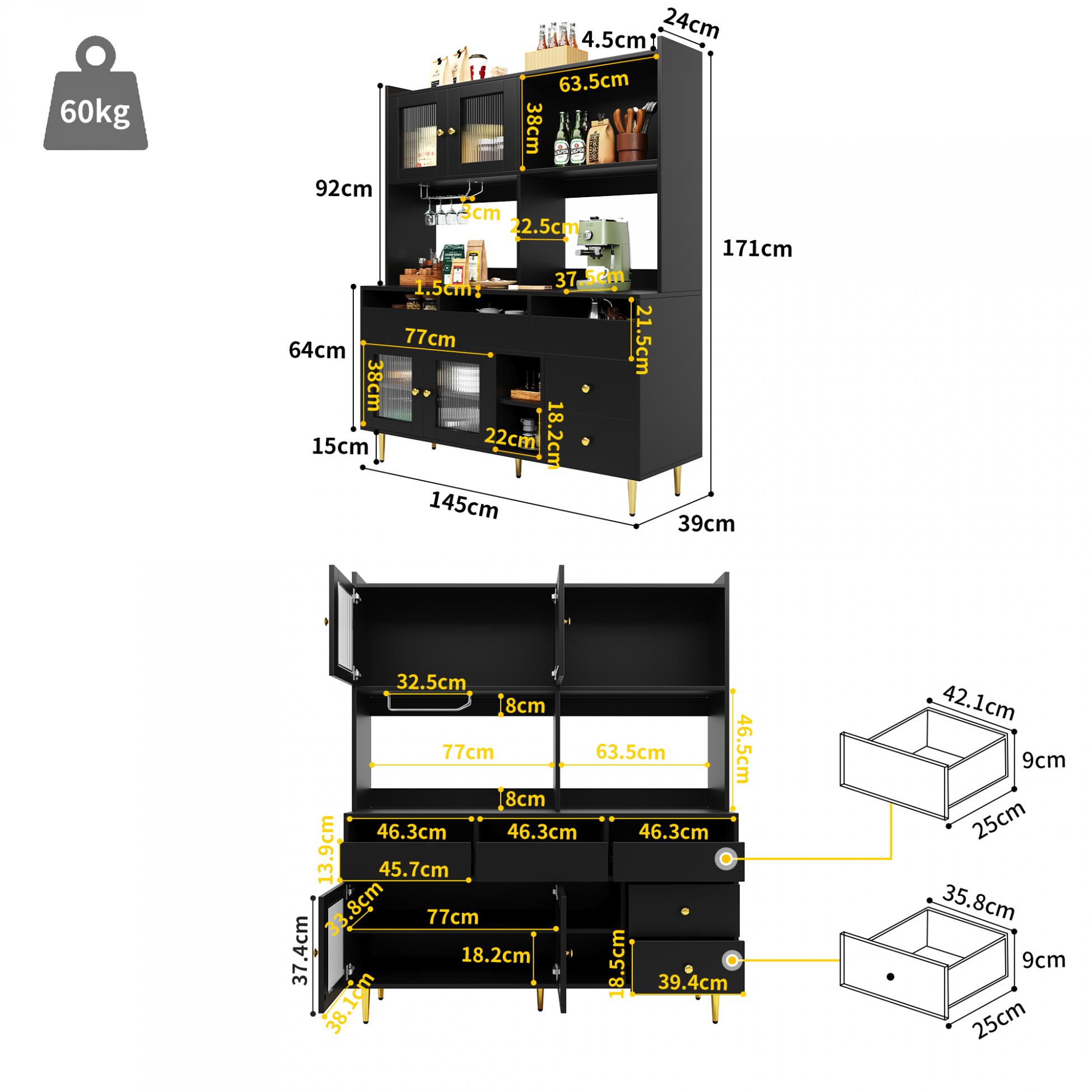 Buffet haut de salle à manger avec portes en verre dépoli, range-verres et espaces de rangement – Noir avec détails dorés – 145×39×171 cm - 4
