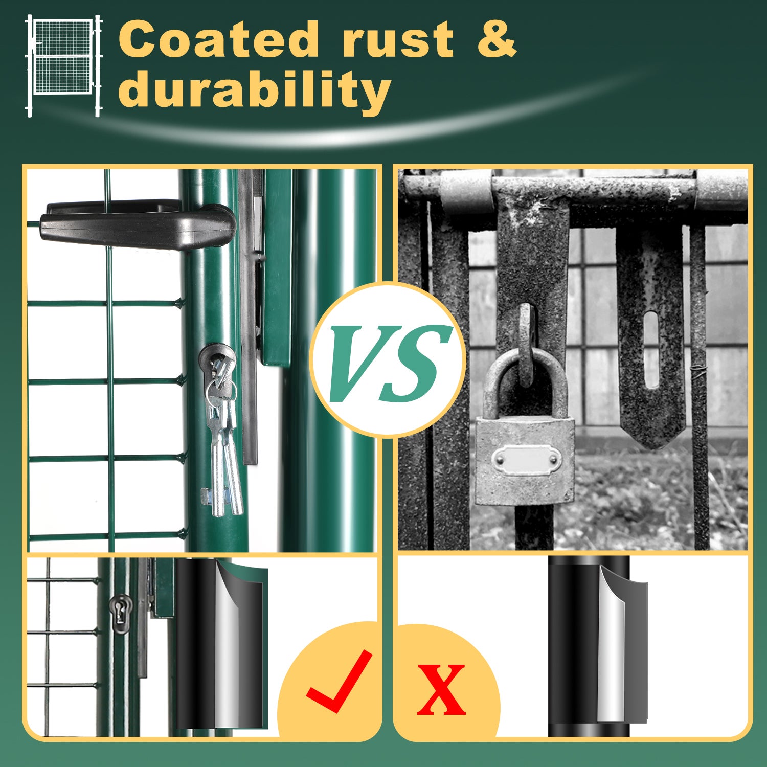 Portillon de jardin - En acier galvanisé - Portail de jardin - Porte de clôture - Avec serrure, poignée et clé 150 x 100cm, Vert - 4