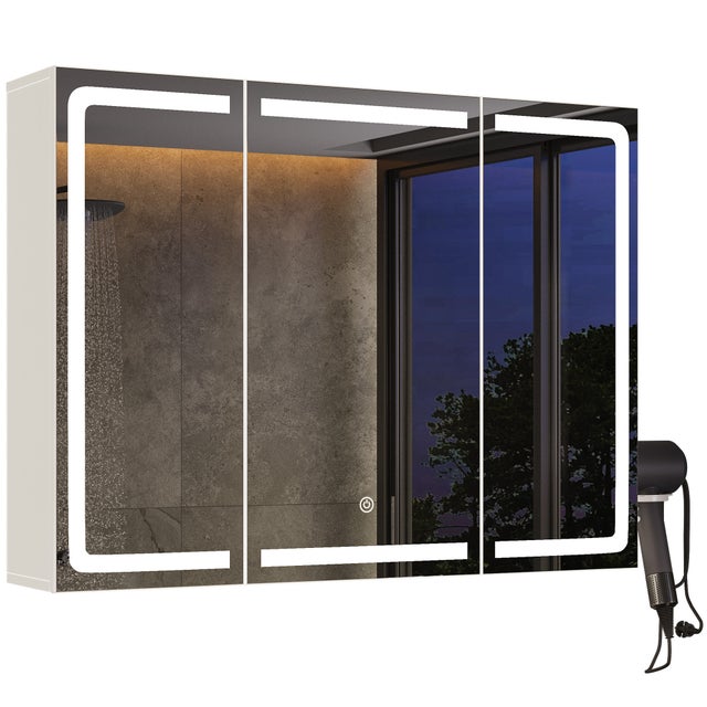 Armadio da toilette specchio con LED,3 ante,80 x 16 x 60 cm,ripiani regolabili,3 temperature di luce