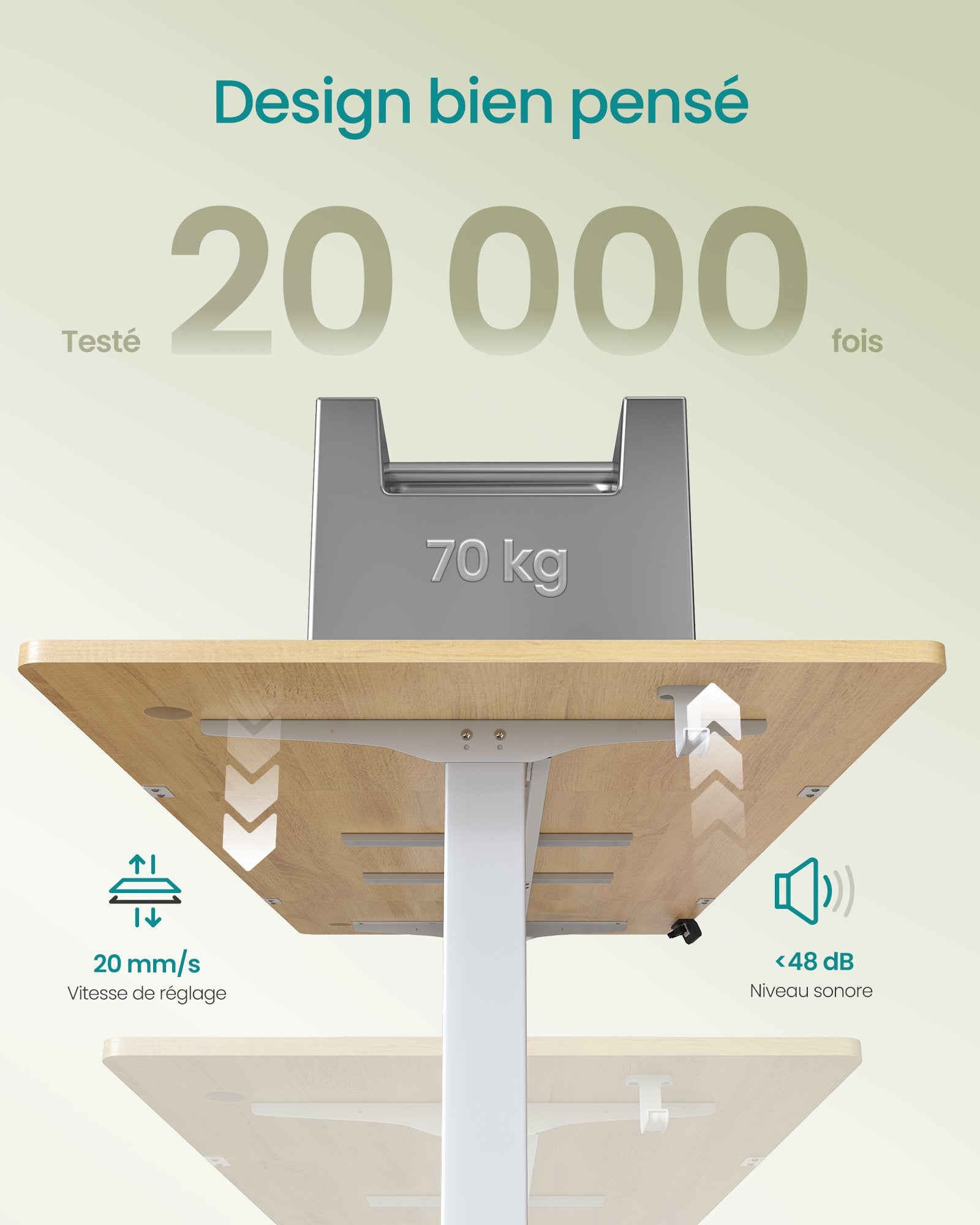 Bureau Électrique Réglable en Hauteur, 180 x 80 cm, Fonction Mémoire 4 Hauteurs, Port USB-C, Organiseur, pour Télétravail, Doré Chêne - 7
