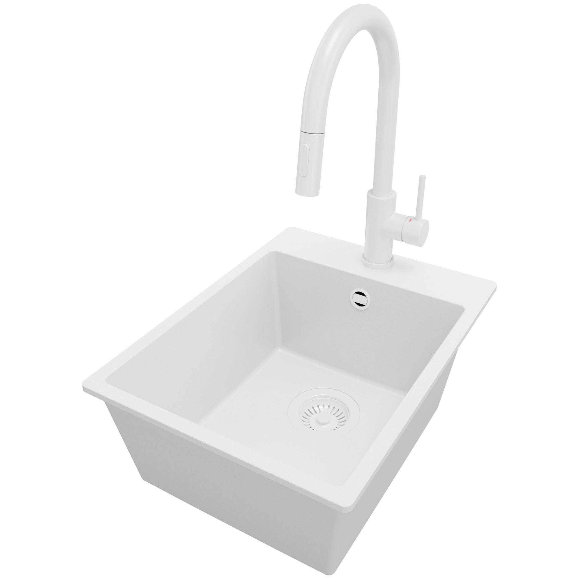 Zlewozmywak Granitowy Cały Biały 38x50cm, Zlew Kuchenny 1 Komorowy + Bateria 40x20cm + Syfon, Nablatowy do szafki od 40cm - Ryga PRIMAGRAN