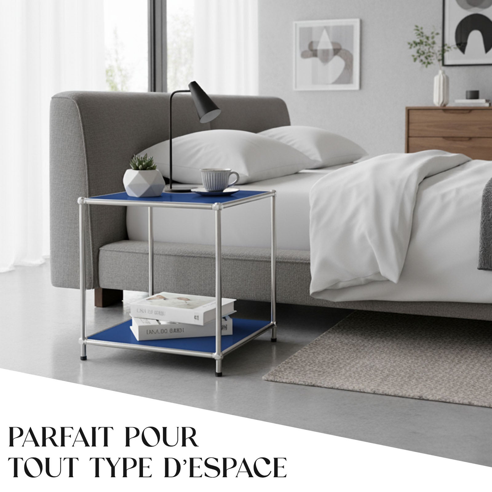 Étagère métal chromé design épuré, Concept Epuré MK-012 : 2 étages, L40 x P40 x H46 cm, Bleu - 7
