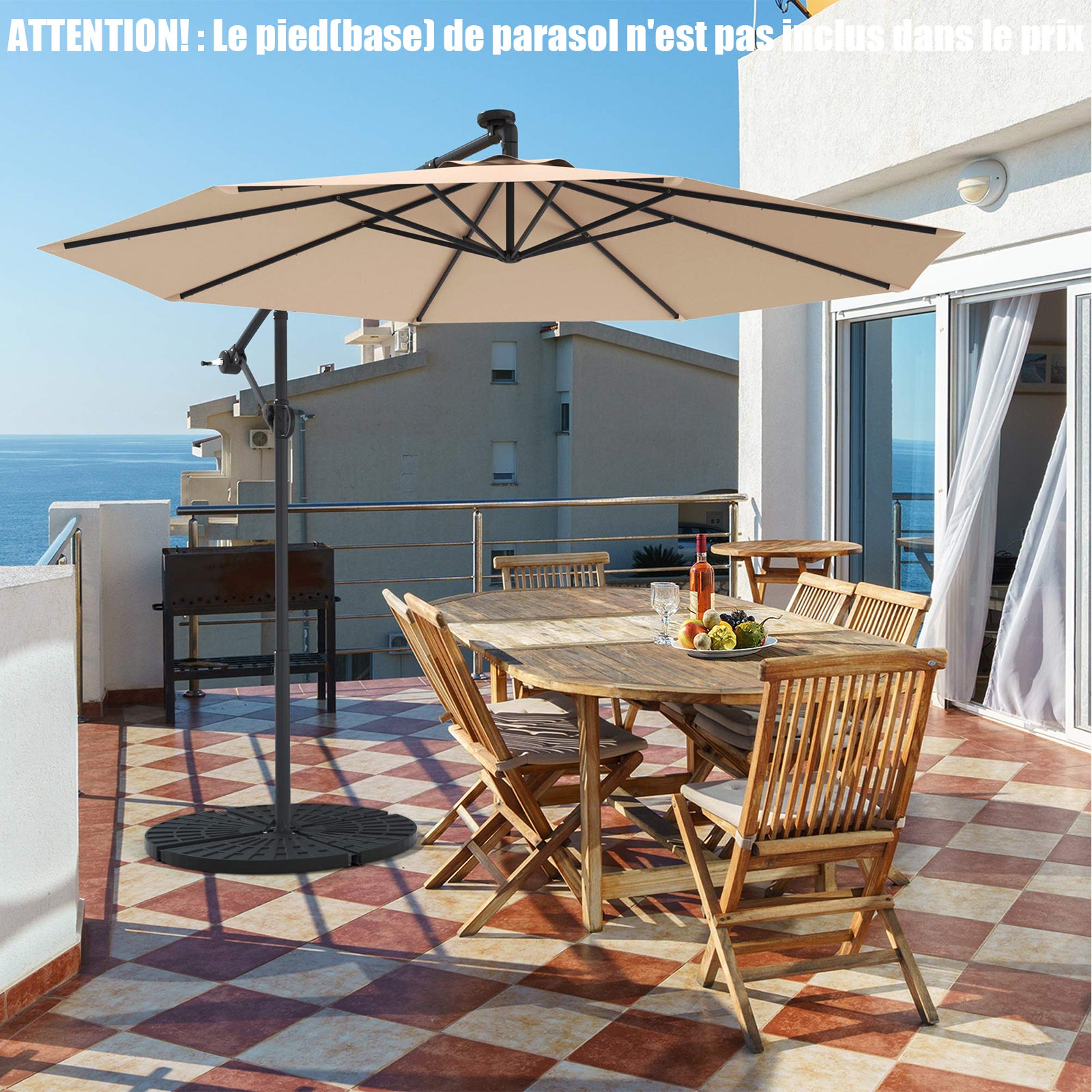 Parasol de Jardin D.300CM Rotatif à 360°-Parasol Inclinable avec 8 Baleines et 32 LED Solaires,pour Jardin/Terrasse,Beige - 7