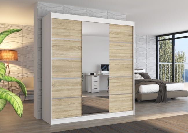Armoire 3 portes pin massif blanc et bois clair Harrie Armoire 3 portes pin massif blanc et bois clair Harrie