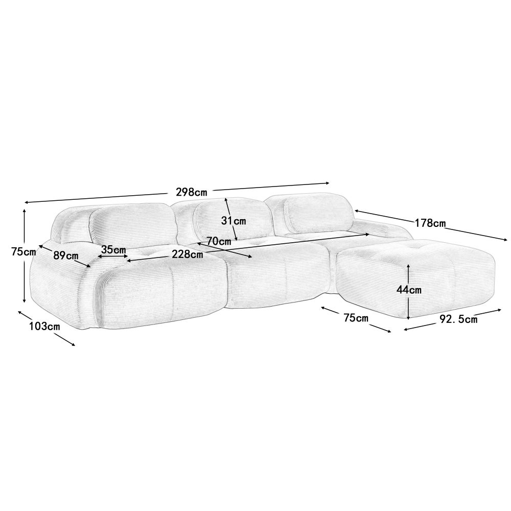 Canapé d’angle modulaire en velours côtelé avec assise ergonomique, accoudoirs larges, mousse haute densité 32D et design sans montage - 4