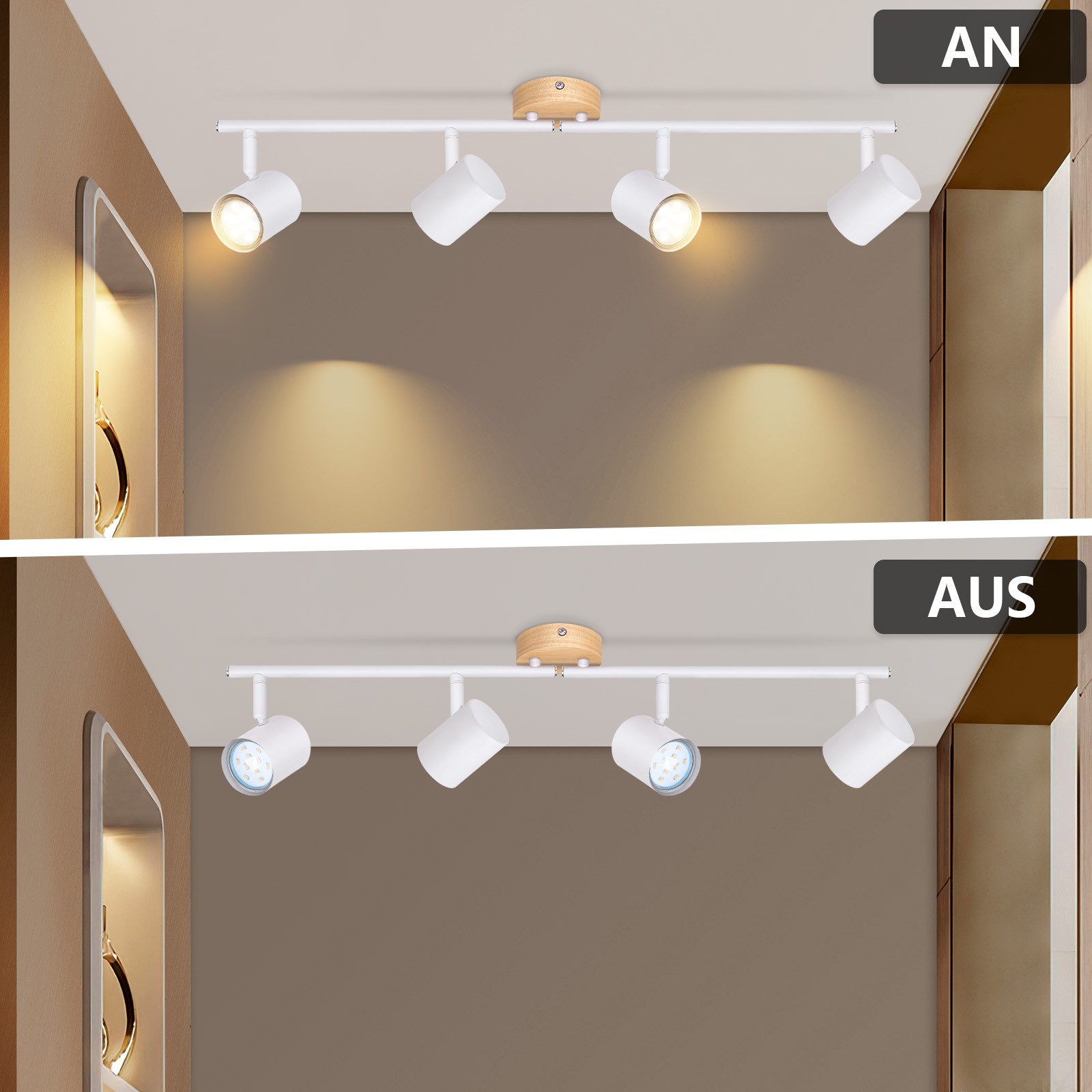 NETTLIFE Plafonnier LED 4 flamme - Blanc Plafonnier GU10 Spot pivotant Applique murale en bois Spot mural pour salon chambre Sans ampoule - 5