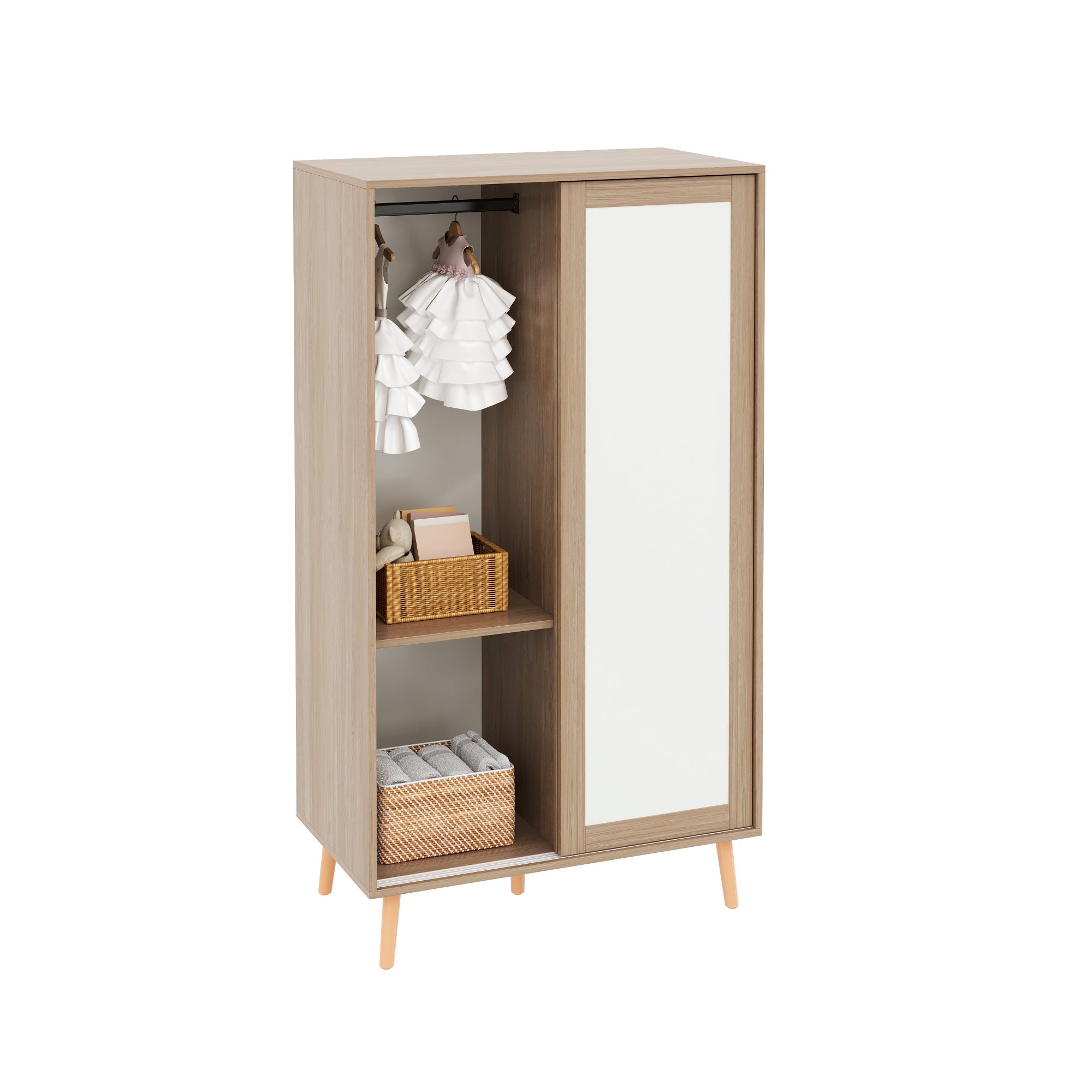 Armoire pour enfants avec 2 portes coulissantes - 80 x 46 x 141.5 cm - Bois massif + MDF - Blanc et naturel - 7