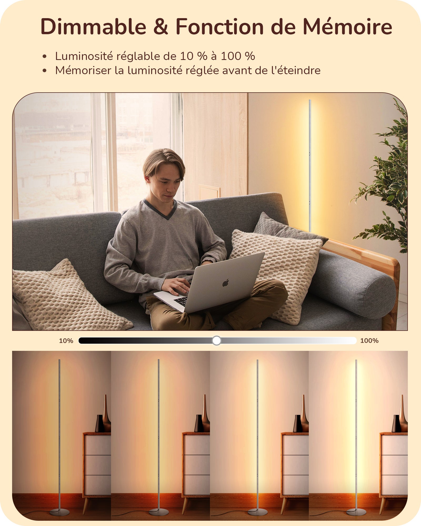 EDISHINE Lampadaire sur pied salon LED dimmable, 3000K blanc chaud, H146cm, interrupteur à pied, argenté, lampe d'ambiance moderne - 3