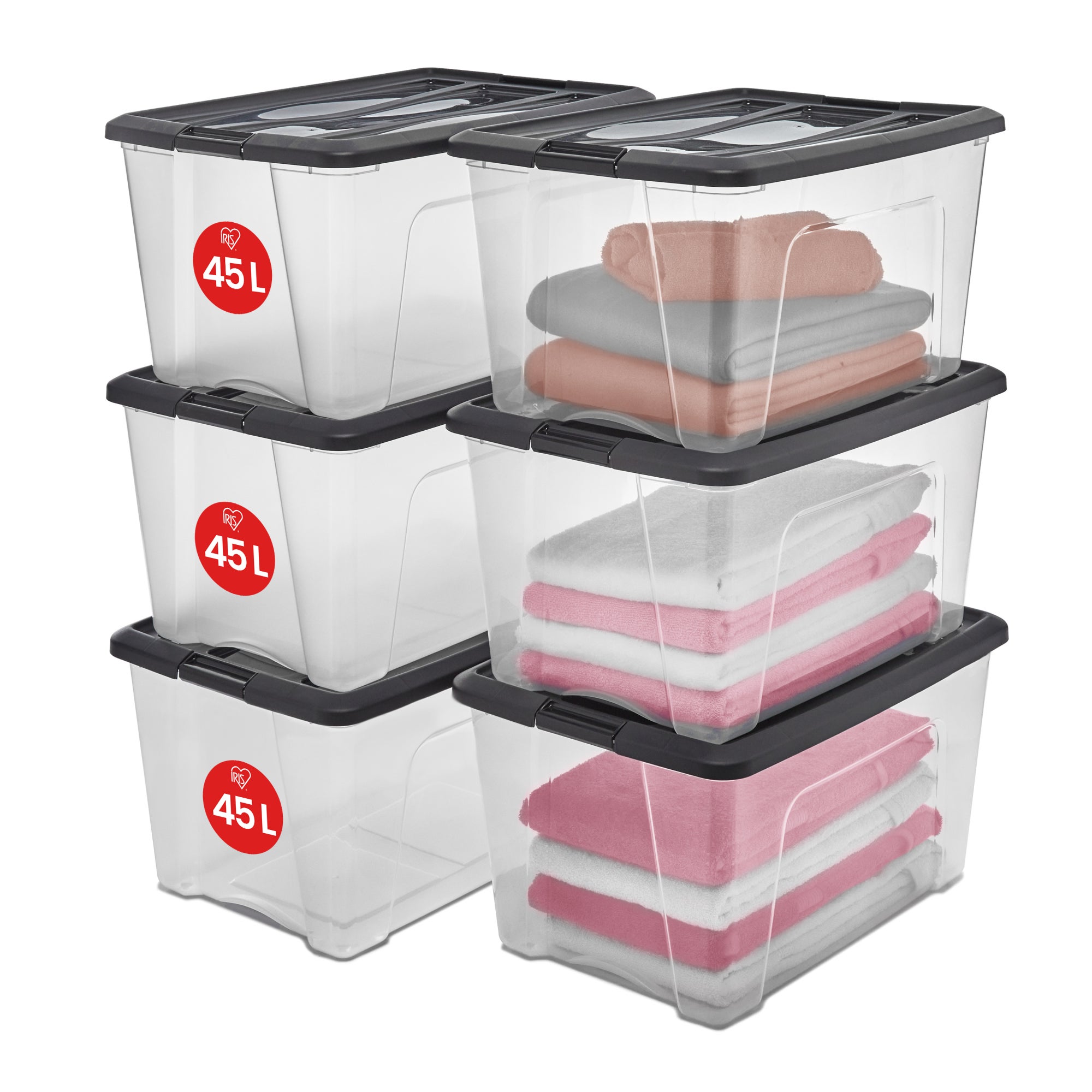 Iris Ohyama, Boite Rangement Plastique Avec Couvercle, 45L, Lot De 6 Transparent Clips De Fermeture Poignee Empilable Organisation Solide Durable Pour Chambre Dressing Bureau Ddntb 45 90223812