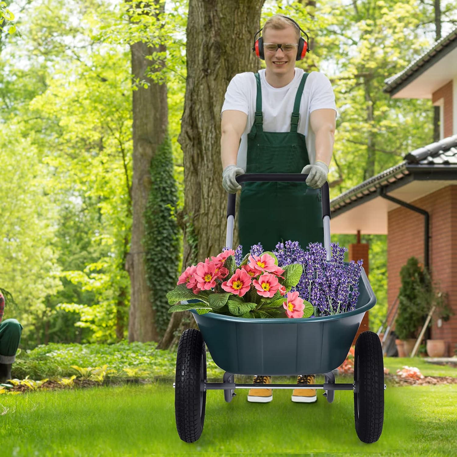 Brouette de Jardin 2 Roues Pneus Pneumatiques Ø35cm 75L Charge Max 100KG Résistante en Fer pour Jardinage/Maçonnerie Vert - 8
