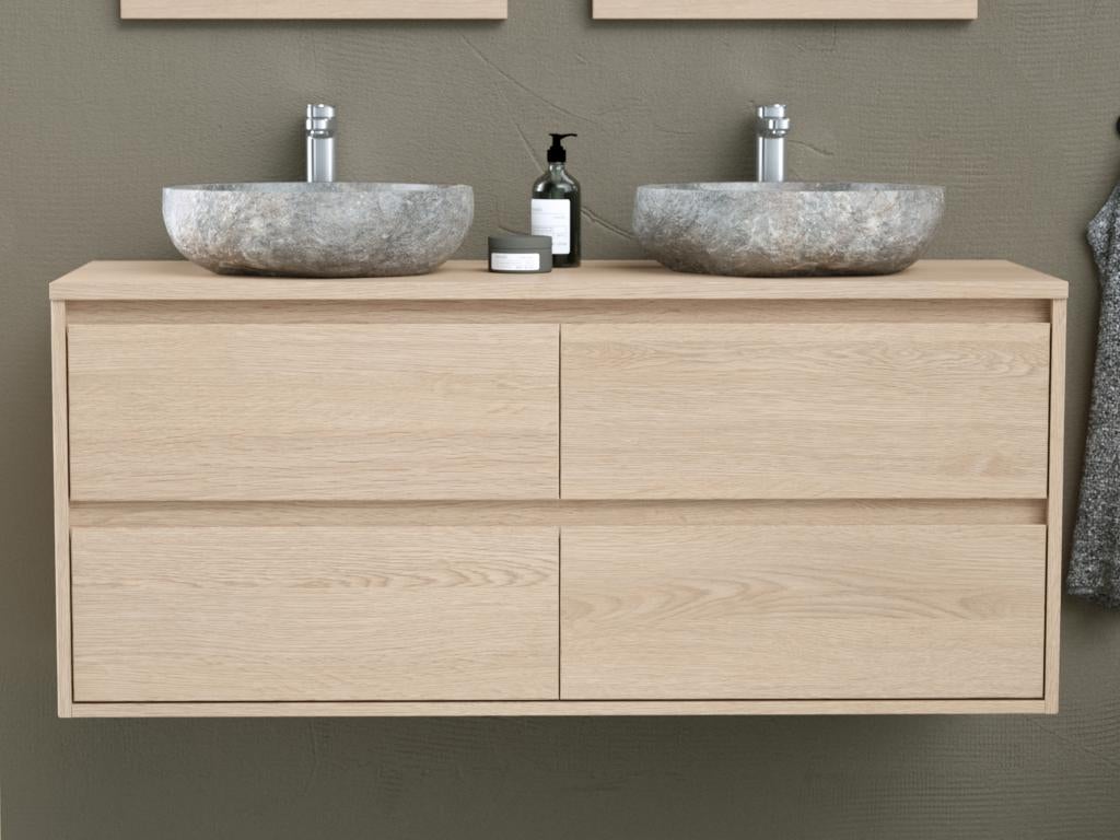 Meuble de salle de bain suspendu avec double vasque à poser en pierre