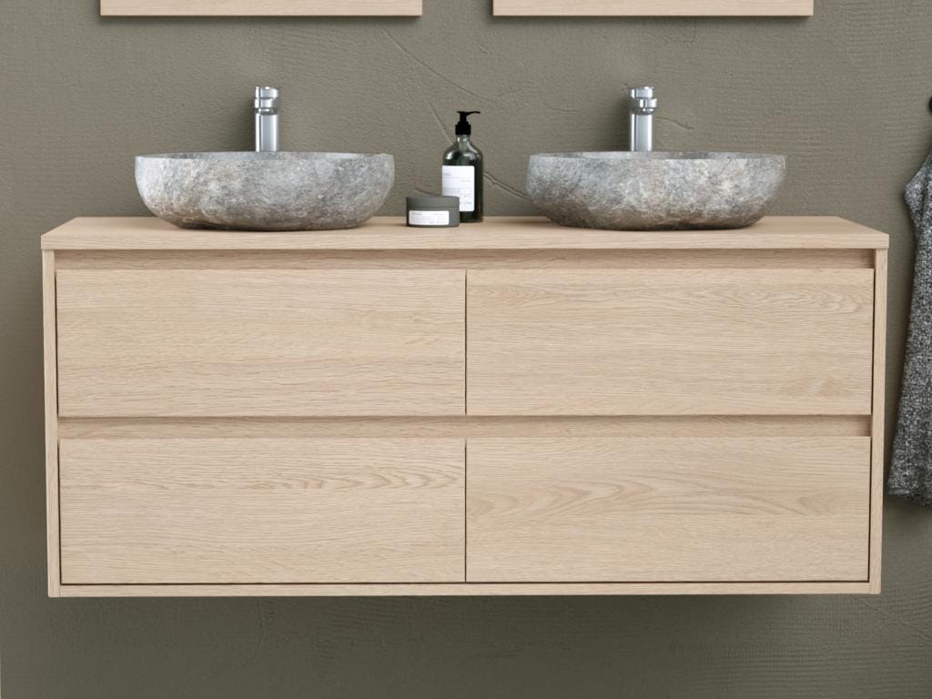 Meuble de salle de bain suspendu avec double vasque à poser en pierre