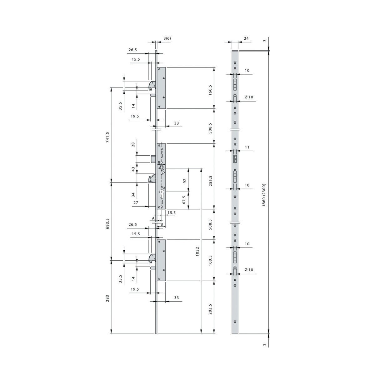 Serratura a 3 punti Multiblindo Inox ISEO con catenaccio reversibile - Placca U 1860x24x6 - Perno 35 - 795101352 - 3