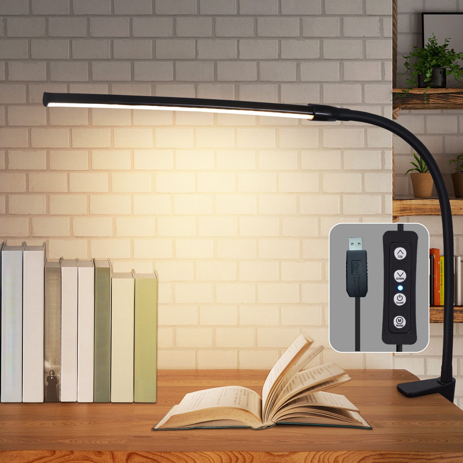 NETTLIFE Lampa biurkowa LED Czarny zacisk 3 kolory 5 poziomów jasności Lampa dzienna USB 5W Elastyczna ochrona oczu