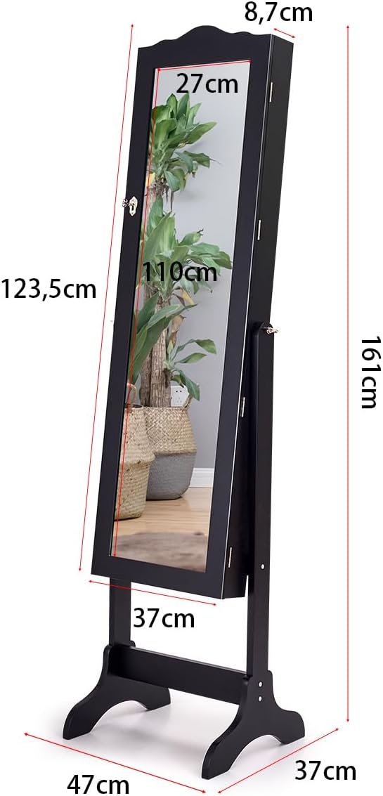 Armoire à Bijoux avec Miroir Réglable, Armoire à Bijoux sur Pieds, Organiseur de Bijoux Verrouillable, Armoire de Rangement avec Miroir, Noir - 2