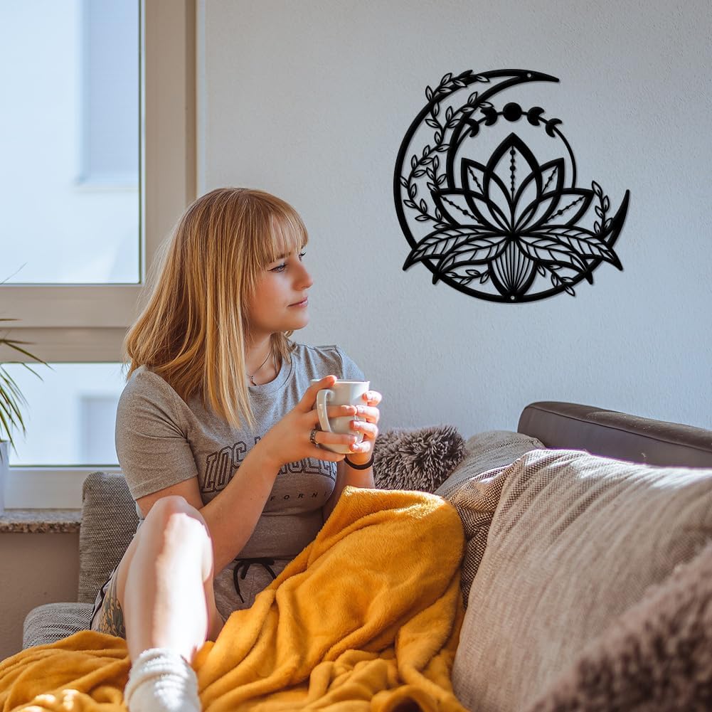 Phase de Lune avec Fleur de Lotus Décoration Murale en Métal, Décor Mural Suspendu de Style Mat Art Mural de Silhouette pour la Maison Jardin Hôtel - 5